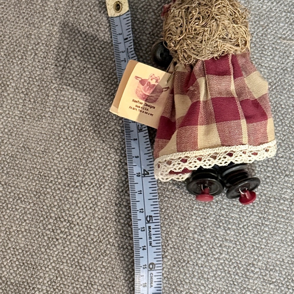 NeePree Designs Baby Molly Dolly Primitive Button Shelf Sitter Burgundy Gingham - Picture 2 of 5